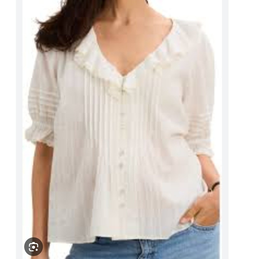 Hatch White Pleated V-Neck Button Front Blouse